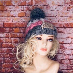 Chunky Pink Gray and White Knit Pearl Embellished Beanie Pom Pom Winter …